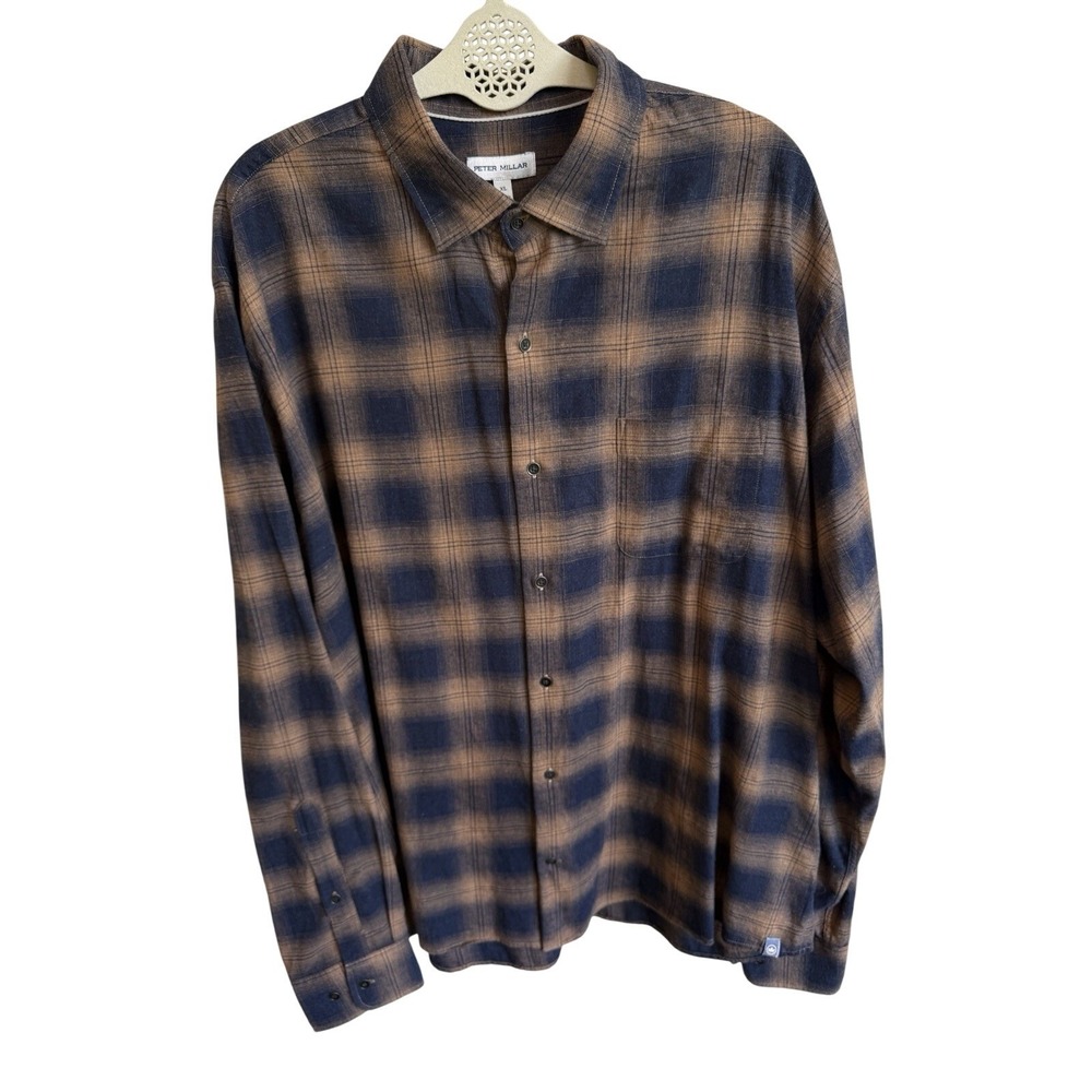 Peter Millar Shirt Mens XL Brown Blue Plaid Checked Logo Button Up Casual Preppy